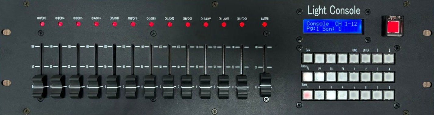 Luminaire Console LC-24 実機の正面パネル。12本のCHフェーダーとマスターフェーダー、LCD、照光式ボタン